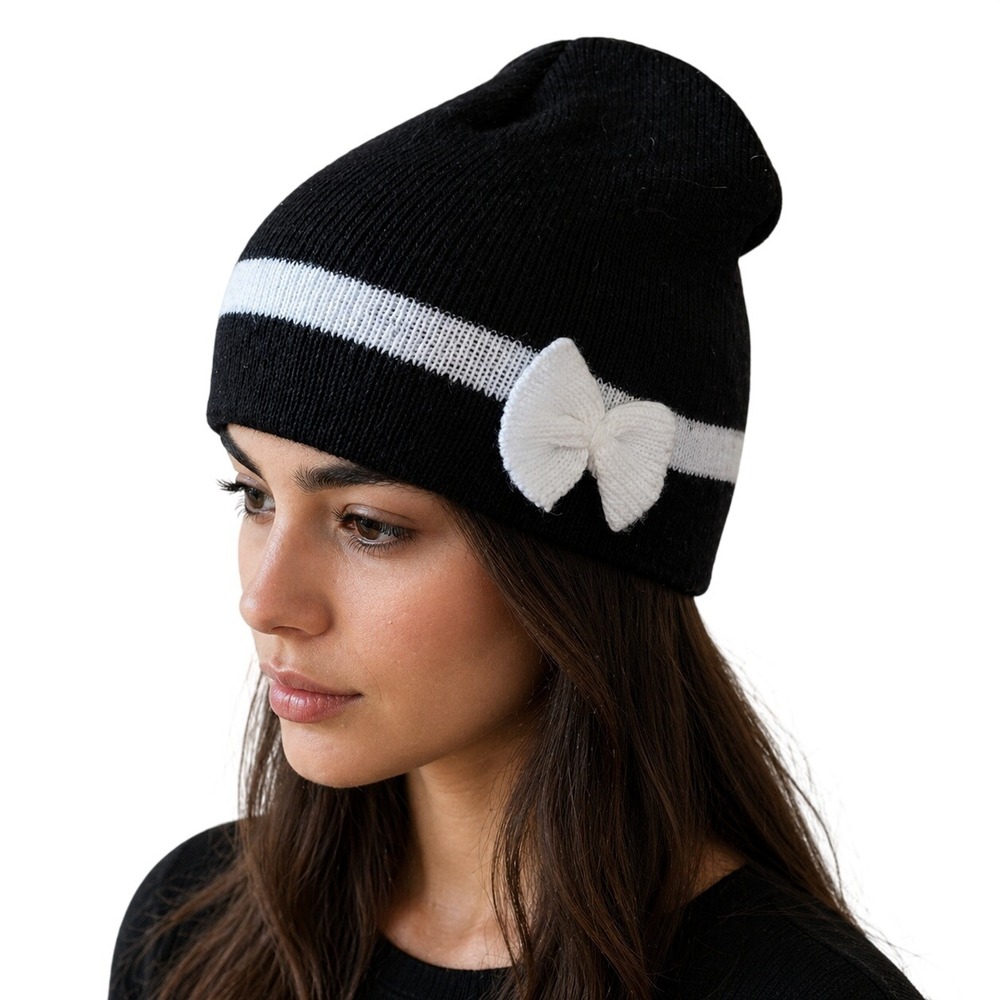 Black and‎ White Striped Knit Beanie with Bow Detail Coquette Style Winter Hat
